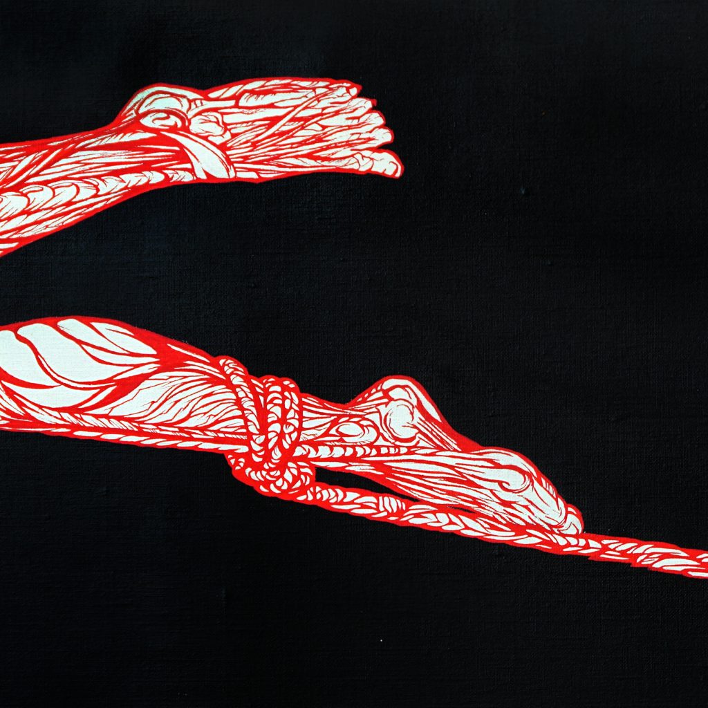 l'aiglon-anatomie du fatum détail-anatomie pied jambes-écorchées-corde shibari le-rouge-dans-le-noir-art peinture acrylique dessin-par Marie-Catherine Arrighi