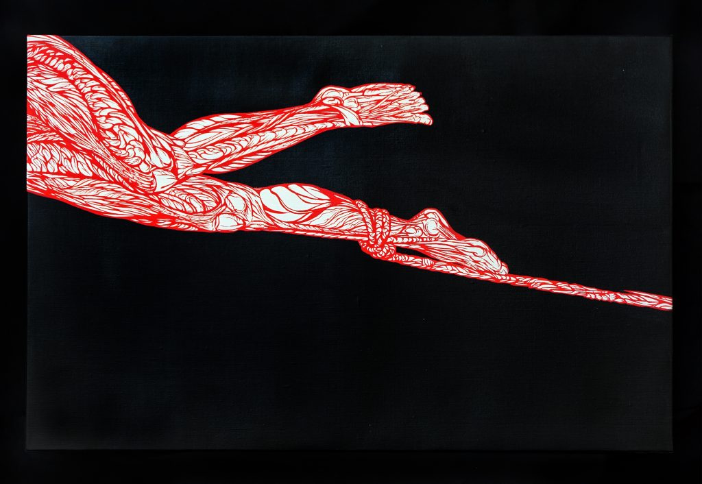l'aiglon-anatomie du fatum écorchées-anatomie pied et jambe- corde noeud shibari le-rouge-dans-le-noir-art peinture acrylique dessin-par Marie-Catherine Arrighi